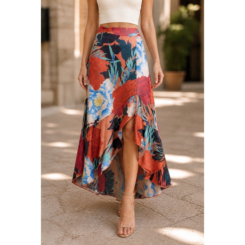 Floral High Low Ruffle Maxi Skirt Womens Tropical Beach Wedding Resort NWT